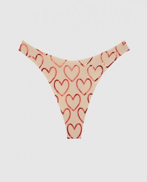 Women's La Senza High Leg Thong Panty Underwear Foiled Hearts Rosetan | P7jSrCCM