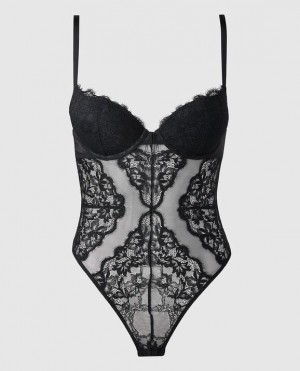 Women's La Senza Lace Bodysuit Lingerie Black | Mu3AfqRk