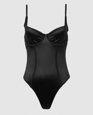 Women's La Senza Unlined Satin Bodysuit Lingerie Black | GVklRHq8