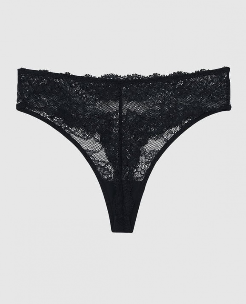 Women's La Senza High Waist Thong Panty Underwear Black | otk3LVF7