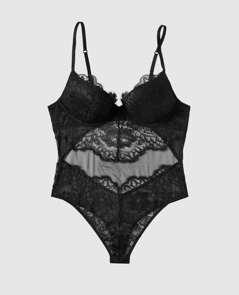 Women\'s La Senza Push Up Lace Bodysuit Lingerie Black | kLBhWqqc