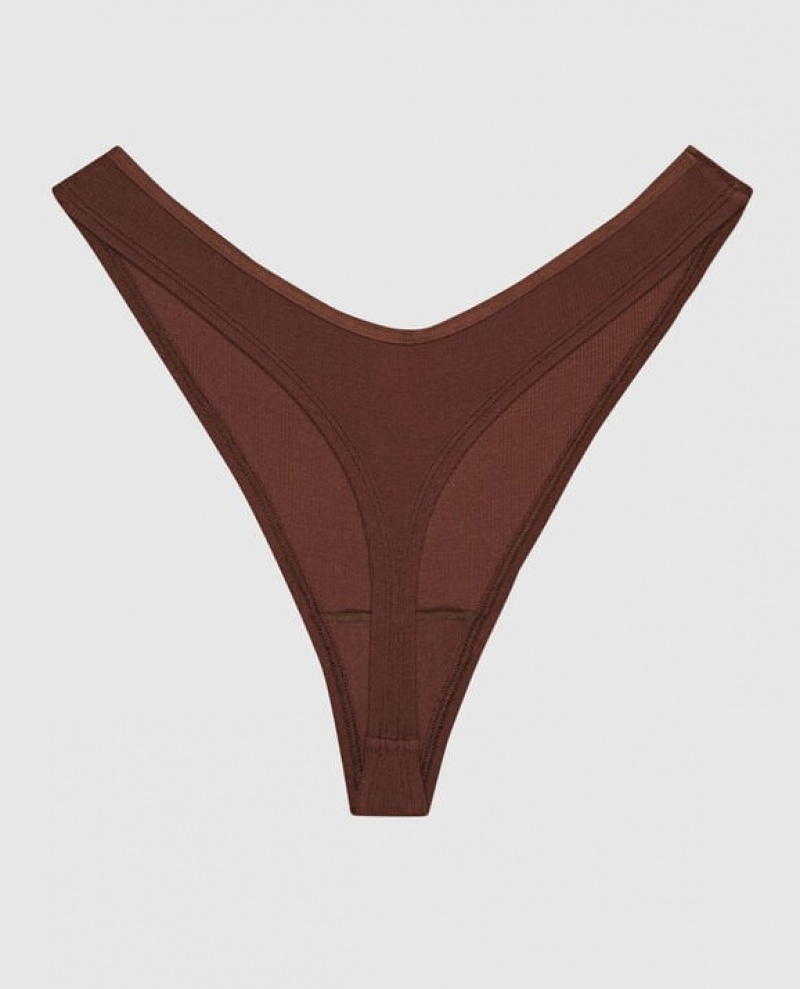 Women's La Senza Ribbed High Leg Thong Panty Underwear Root Beer | oMNwOlPK