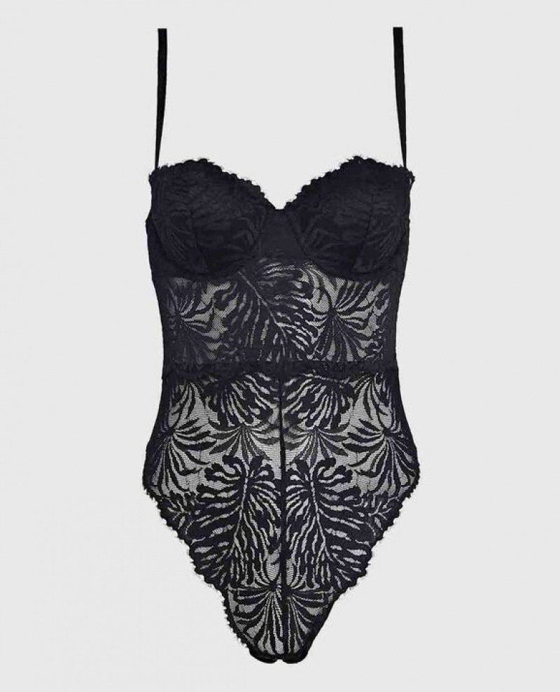 Women's La Senza Strapless Lace Bodysuit Lingerie Black | zT6j5vlO