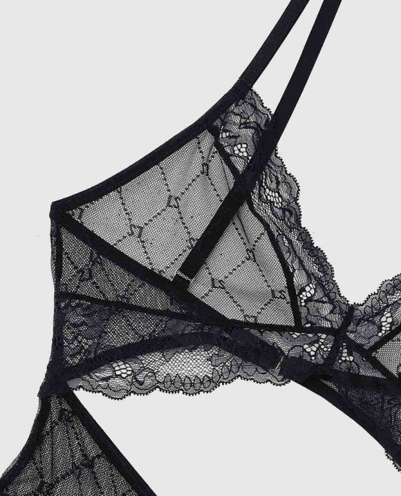 Women's La Senza Unlined Lace Bodysuit Lingerie Black | gdAUr40B