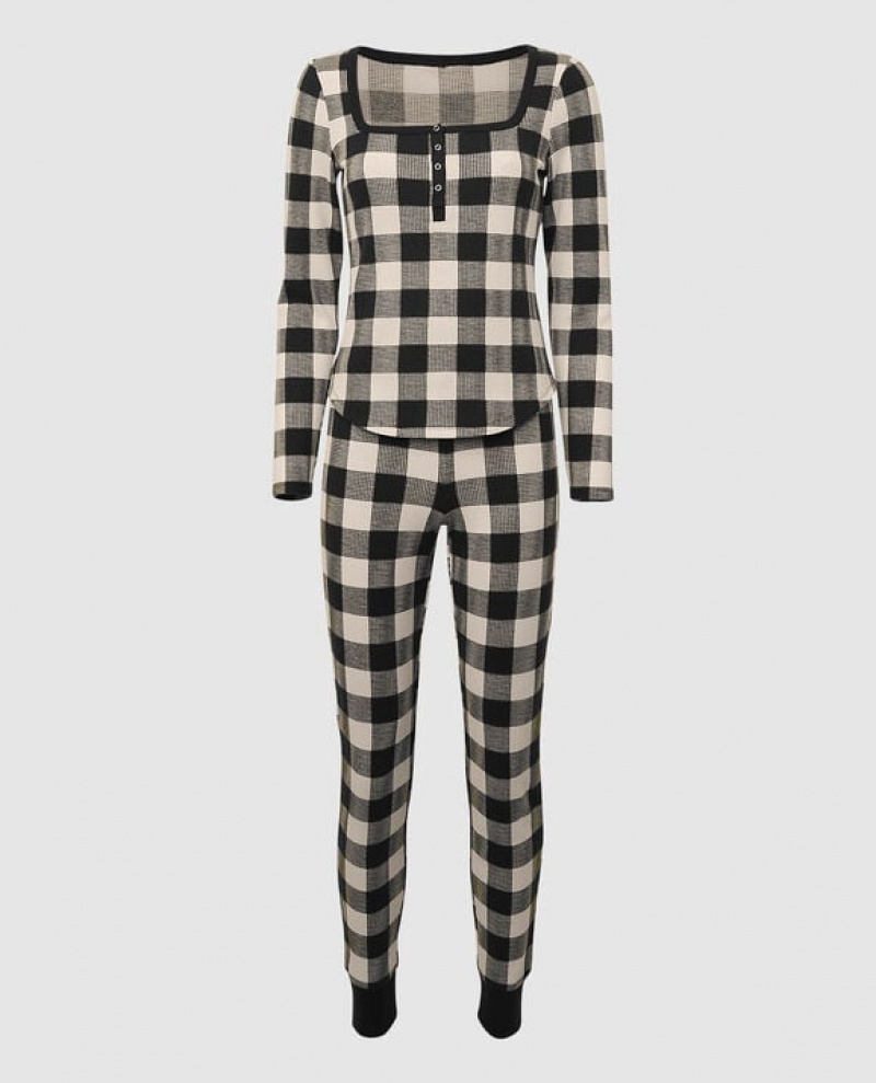 Women's La Senza Waffle Henley Sleepwear Festive Check | ySUBBmX0